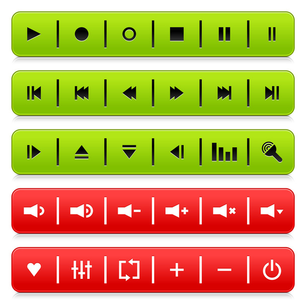 media controle web 2.0 knoppen navigatiepaneel. groene en rode afgeronde rechthoek vormen met schaduw en reflectie op witte achtergrond - Vector, afbeelding