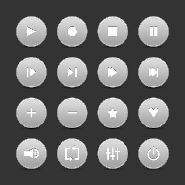 16 メディア コントロール、web 2.0 のボタン。灰色の背景に影付きの灰色のラウンド形状 - ベクター画像