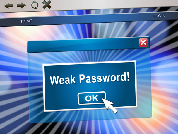 Die schwache Passwort-Webseite zeigt die Online-Schwachstelle und die Bedrohung durch das Internet. Risiko einer Verletzung der Cybersicherheit - 3D-Illustration - Foto, Bild