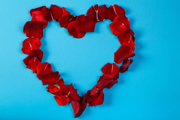 Rose-lined heart on a blue background. Horizontal photo - Foto, afbeelding