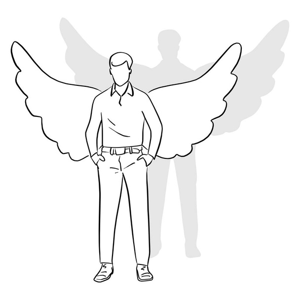 Pełna długość człowieka stojącego ze skrzydłami na jego tylnej wektor ilustracja szkic doodle ręcznie rysowane z czarne linie na białym tle - Wektor, obraz