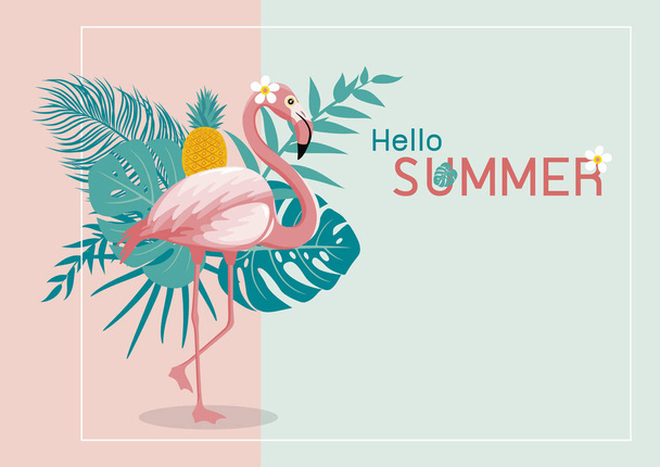 Diseño de banner de verano de flamingo y hojas tropicales con ilustración vectorial de espacio de copia
 - Vector, imagen