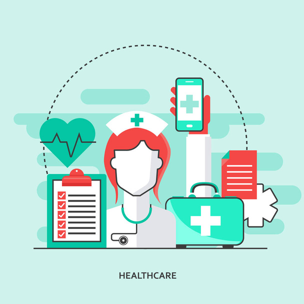 Flat design medical and pharmacy app. Health care concept. Modern template for mobile smart phone or responsive web site. Vector Illustration - Vector, Image