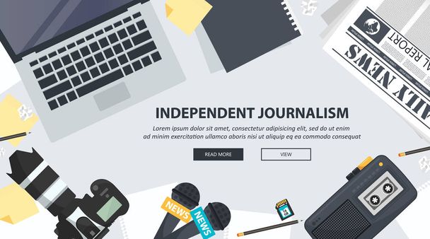 Banner plano jornalismo independente. Equipamento para jornalista na mesa. Ilustração vetorial plana - Vetor, Imagem