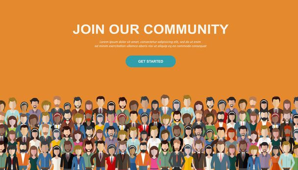 Join our community. Crowd of united people as a business or creative community standing together. Flat concept vector website template and landing page design for invitation to summit or conference - Vector, Image