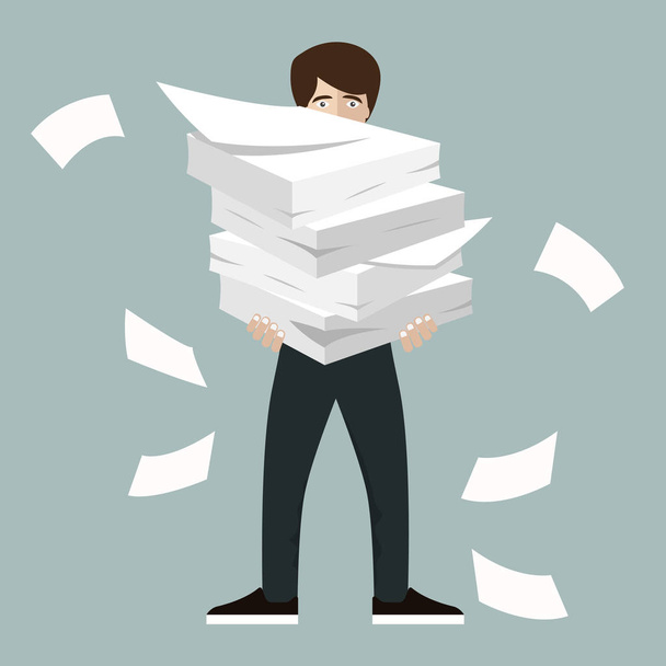 Businessman holds pile of office papers and documents. Documents and file. Routine, bureaucracy, big data, paperwork, office. Vector illustration in flat style - Vector, Image
