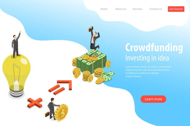Modèle de page de destination vectorielle plate isométrique de crowdfunding, investir dans l'idée
. - Vecteur, image