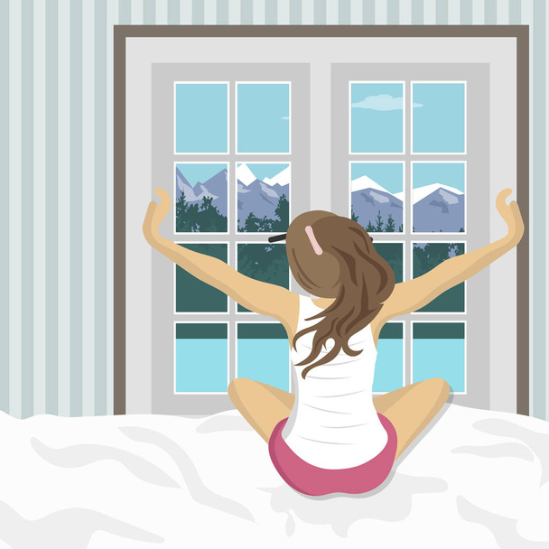 Женщина, растягивающаяся в постели после пробуждения. Концепция праздников и каникул. Летний горный пейзаж. Плоская векторная иллюстрация
 - Вектор,изображение