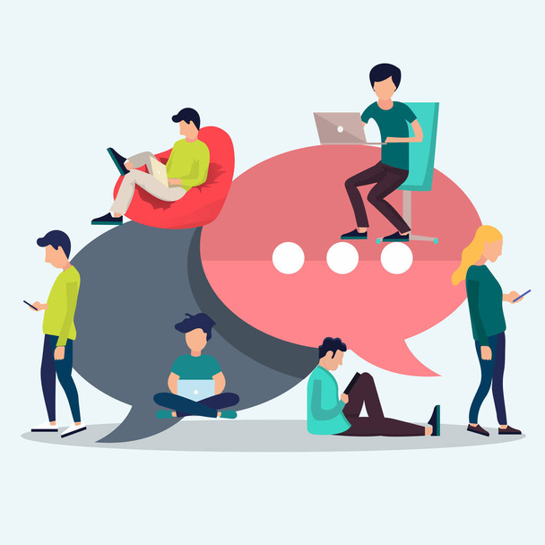 People sitting on big symbols. Speech bubbles for comment and reply concept. Flat vector illustration of young people using lap top for texting and leaving comments in social networks.  - Vector, Image
