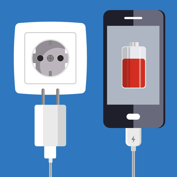 Smartphone and charger adapter. Low battery, addiction. Phone is charging from wall outlet. Flat vector illustration - Vector, Image