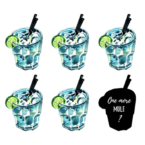 Akwarela ilustracja pięć szklanek moscow mule koktajl w starym stylu szkła przyozdobionym z limonki. - Zdjęcie, obraz