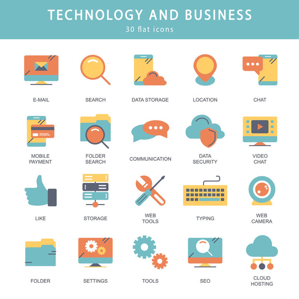 Business and marketing, programming, data management, internet connection, social network, computing, information. Thin line blue icons set. Flat vector illustration - Vector, Image