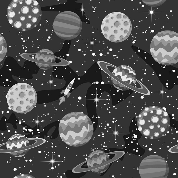 nahtlose Muster monochrome Planeten und andere Weltraumobjekte auf schwarzem Hintergrund - Vektor, Bild