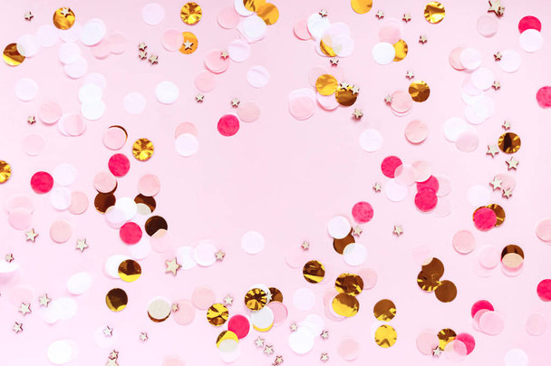Valentines day, love pink greeting background. Flat lay with colorful dot pattern. Gold, red, pink and white circles. Romantic theme, bright abstract confetti template with space for text. - Photo, Image