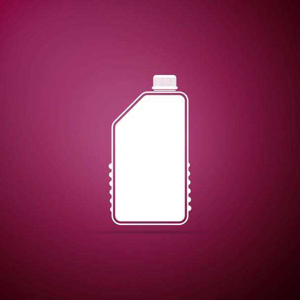 Chemia gospodarcza pusta plastikowa butelka ikona na białym tle na fioletowym tle. Płynnych wybielacz do prania detergentu lub mydła, odplamiacz, łazienka lub czyszczenia toalet. Płaska konstrukcja. Ilustracja wektorowa - Wektor, obraz