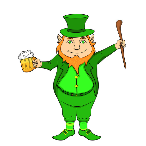 Objet isolé sur fond blanc Lutin drôle avec un bâton et une tasse de bière dans ses mains. Journée Saint-Patricks
. - Photo, image