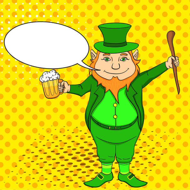 Pop art Leprechaun engraçado com um pau e uma caneca de cerveja em suas mãos. Dia de St. Patricks. Bolha de texto
 - Foto, Imagem