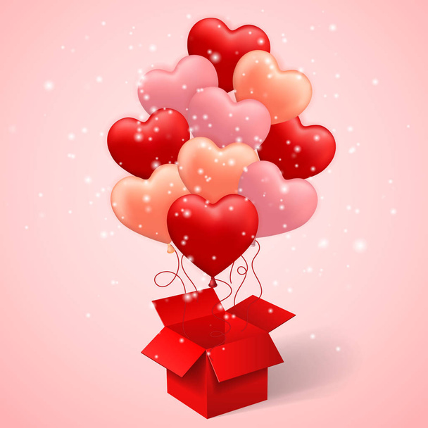 Happy Valentines Day background, balloon in form of heart with bow and ribbon and open red box. Vector illustration. - Διάνυσμα, εικόνα