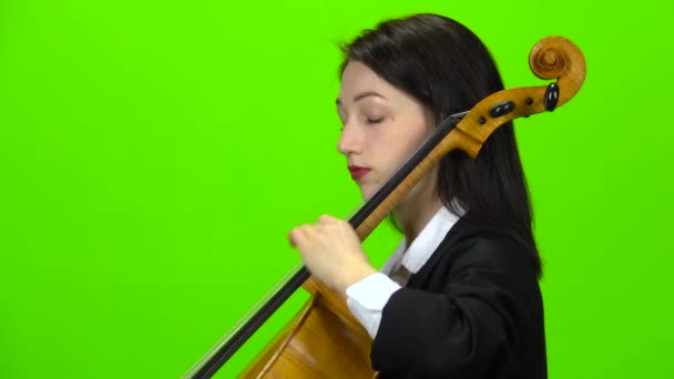O músico toca violoncelo. Tela verde. Vista lateral. Fechar
 - Filmagem, Vídeo