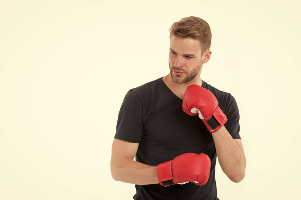 Confident boxer. Sportsman training with boxing gloves. Boxing concept. Man athlete concentrated face with sport gloves, ready to practice fighting skills, isolated white. Boxer handsome strict coach - Photo, Image