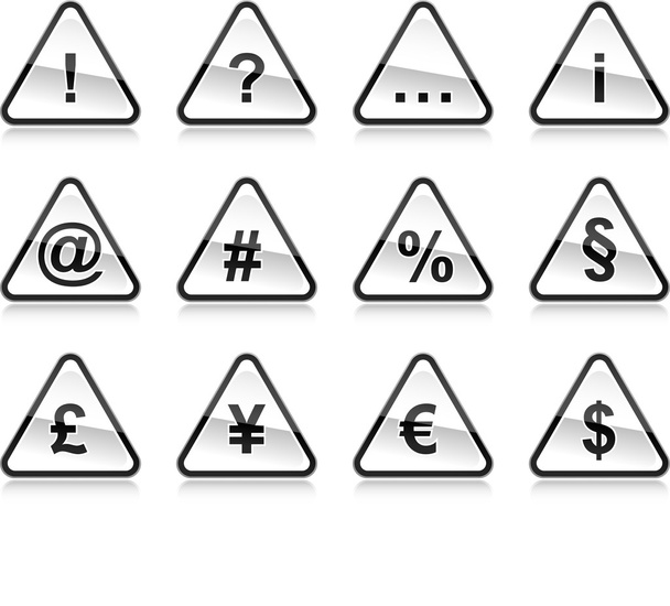 black warning signs with symbols. Rounded triangle shape with color reflection on white background. 10 eps - Vector, Image