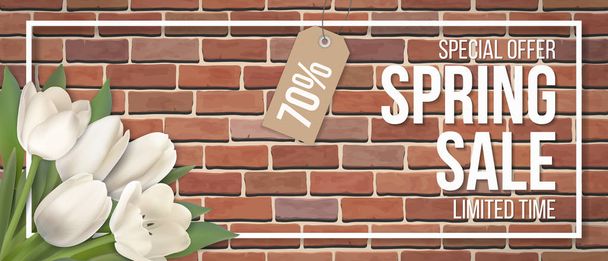Spring sale. White tulip flower, frame and typographic on red brick wall background. Background for invitation, discount offer or flyer. Realistic detailed vector template. - Vector, Image