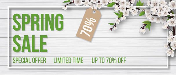 Spring sale. Blooming tree branch, frame and typographic on white wooden background. Background for invitation, discount offer or flyer. Realistic detailed vector template. - Vektor, Bild