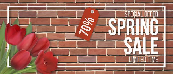Spring sale. Red tulip flowers, typographic and frame on red brick wall background. Background for invitation, discount offer or flyer. Realistic detailed vector template. - Vettoriali, immagini