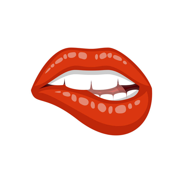 Sexy labios de las mujeres. Muerde los labios, labios femeninos con lápiz labial rojo. Ilustración vectorial aislada sobre fondo blanco
. - Vector, imagen