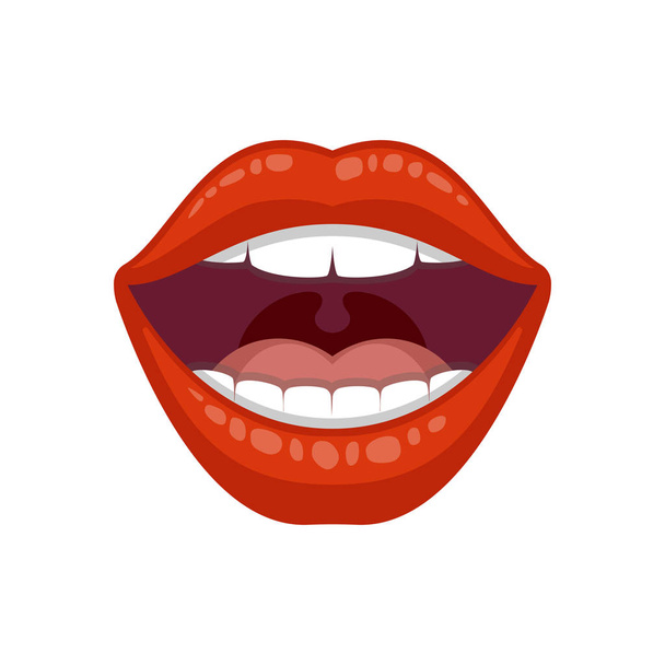 Kauniita naisia seksikäs huuli, suuri muotoilu kaikkiin tarkoituksiin. Naishuuli punaisella huulipunalla. Avaa suu hampailla
. - Vektori, kuva