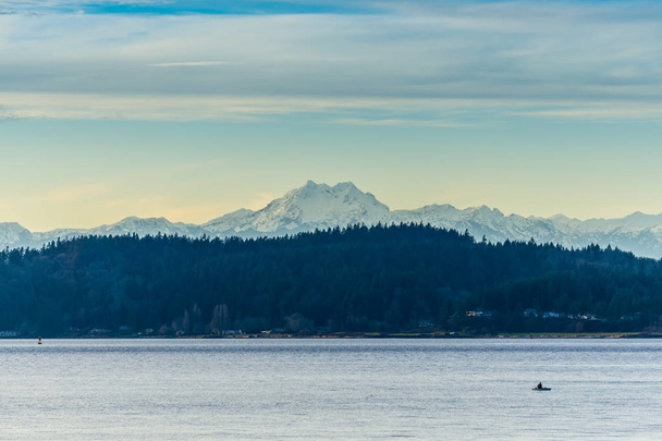 A view of the Olympic Mountain across the Puget Sound at sunset. - Photo, Image