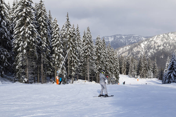 Skiers on ski slope,  people skiing. Famous ski resort Strbske Pleso at winter. High Tatras mountains. Slovakia. Tourist destination, travel, winter holiday - Fotoğraf, Görsel