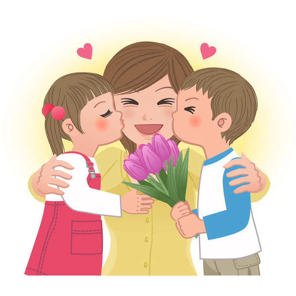 αγόρι και κορίτσι φιλί μαμά - Διάνυσμα, εικόνα