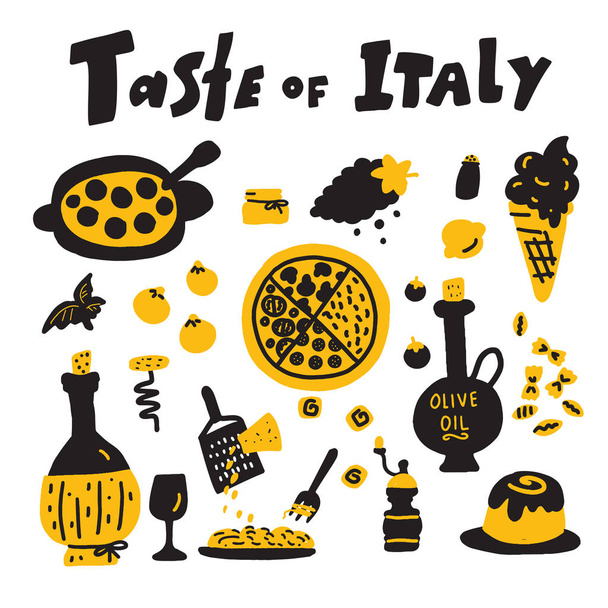 Taste of italy. Doodle illustration of traditional italian food. Vector. - Vektor, kép