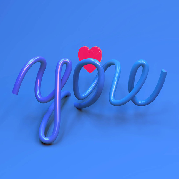 3d rendering of hand lettering word love and illuminated pink heart shape. Greeting card for holidays, couples express emotion. Social media ready made post. Valentines day surprise. Plastic look - Fotoğraf, Görsel