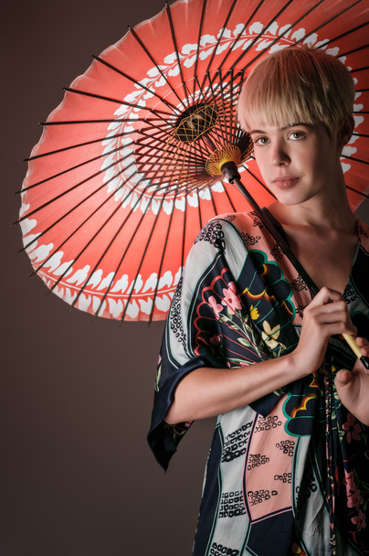 Kimono Girl With Parasol Portrait - Фото, изображение
