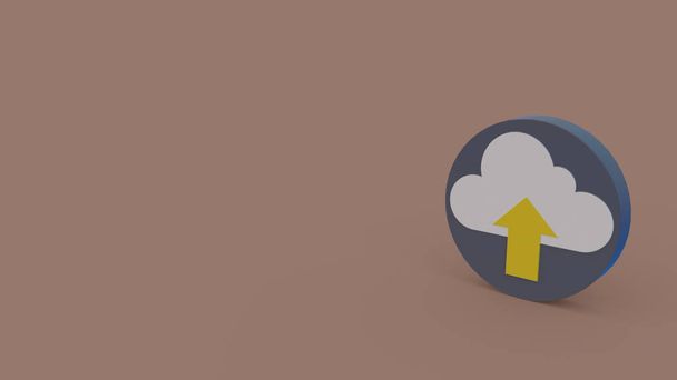 3d icon of upload symbol with white cloud and yellow arrow in up direction isolated on brown background - Photo, Image