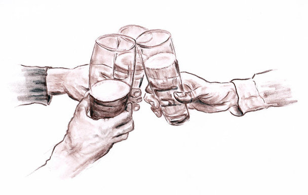 Three hands with wineglasses before drinking closeup - hand made drawn pastel pencil graphic artistic illustration on paper - Valokuva, kuva