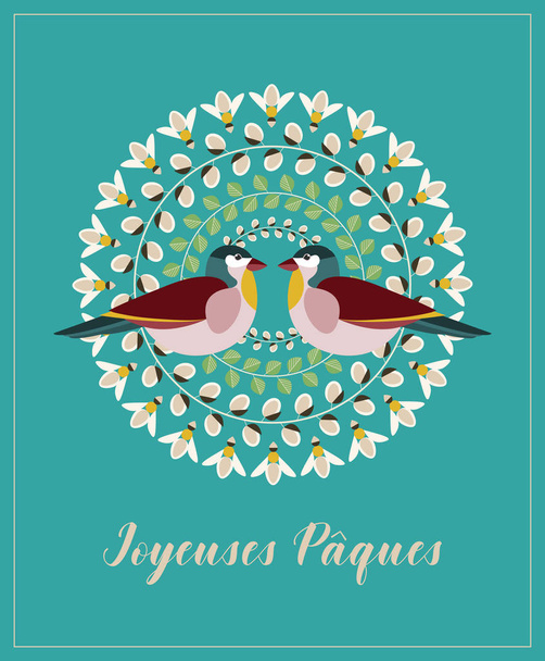 ハッピー イースターの英語で、フランス語のテキスト Joyeuses パスクアとベクトル イラスト: グリーティング カード。猫柳の枝、緑の葉、蜂、2 羽の鳥. - ベクター画像