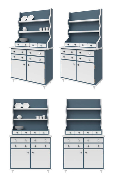 3d ілюстрація шафи в стилі кантрі, порожня і з посудом, ізольована на білому
. - Фото, зображення