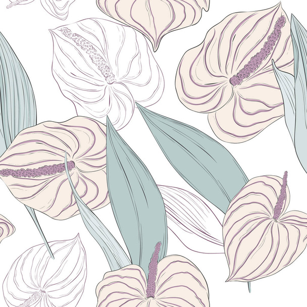 Seamless pattern with light flowers and green long leaves on navy background. Seamless design - Vettoriali, immagini