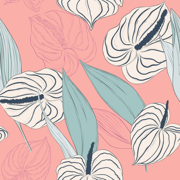 Seamless pattern with light flowers and green long leaves on navy background. Seamless design - Vetor, Imagem
