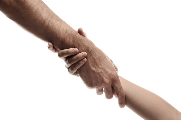 Man and woman holding hands on white background, closeup. Help and support concept - Fotografie, Obrázek
