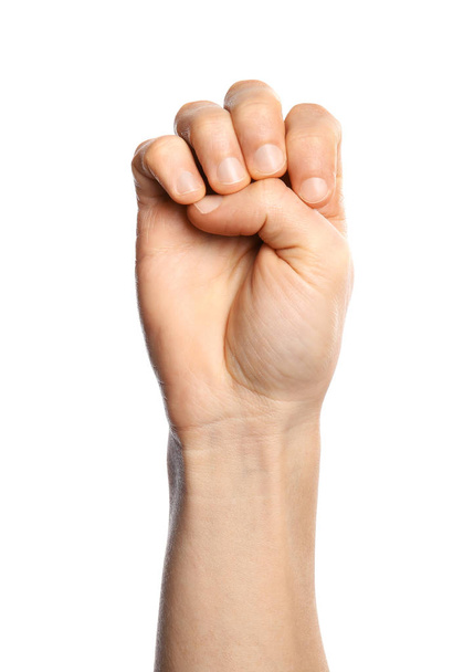 Man showing E letter on white background, closeup. Sign language - Foto, afbeelding