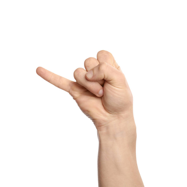 Man showing J letter on white background, closeup. Sign language - Foto, imagen