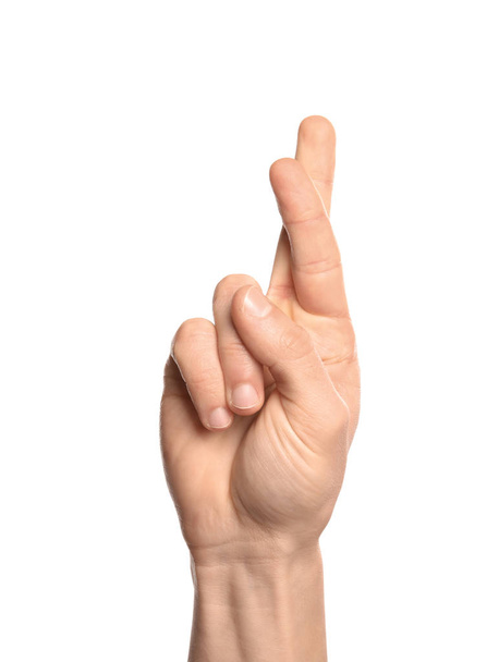 Man showing R letter on white background, closeup. Sign language - Foto, afbeelding
