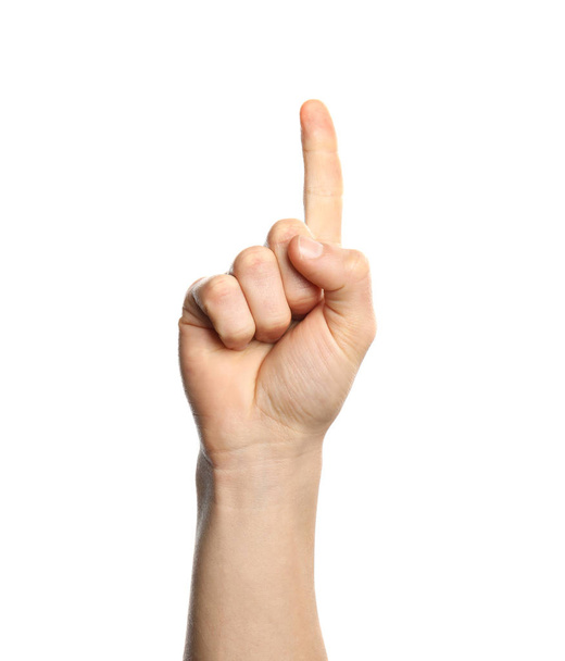 Man showing number one on white background, closeup. Sign language - Foto, imagen