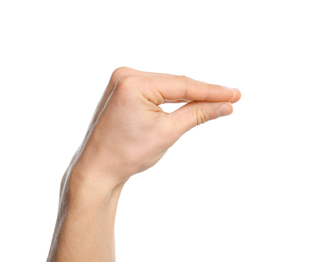 Man showing word no on white background, closeup. Sign language - Foto, afbeelding