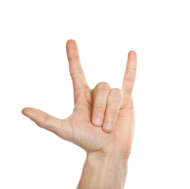 Man showing hand sign on white background, closeup. Body language - Photo, image