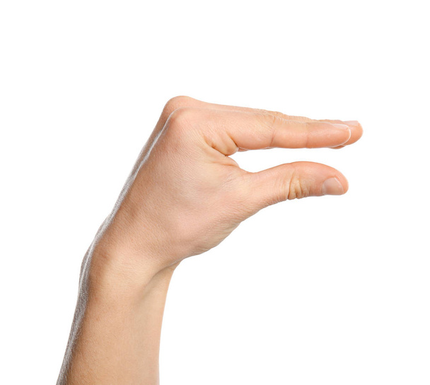 Man showing word no on white background, closeup. Sign language - Fotó, kép